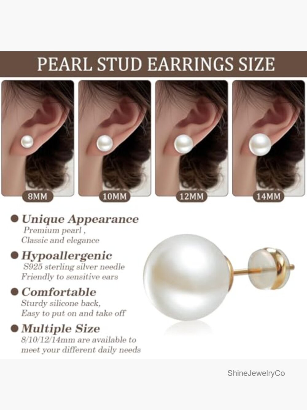 4 Pairs Pearl Stud Earrings Set 8-14mm Hypoallergenic Gold Plated - Picture 3 of 7